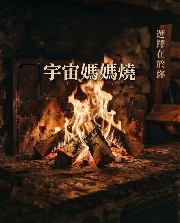 壁爐裡的火，寫著「宇宙媽媽燒，選擇在於你」